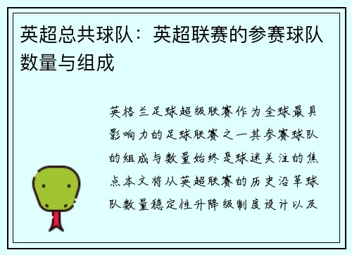 英超总共球队：英超联赛的参赛球队数量与组成